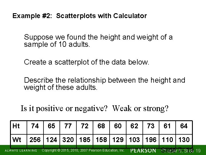 Example #2: Scatterplots with Calculator Suppose we found the height and weight of a