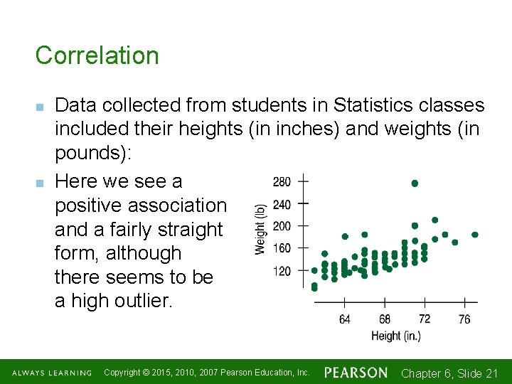 Correlation n n Data collected from students in Statistics classes included their heights (in