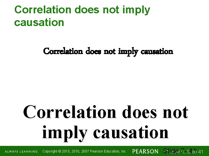 Correlation does not imply causation Copyright © 2015, 2010, 2007 Pearson Education, Inc. Chapter