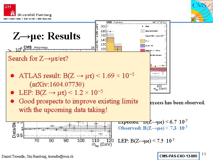 Z→μe: Results Search for Z→μτ/eτ? ● ATLAS result: B(Z → µτ) < 1. 69