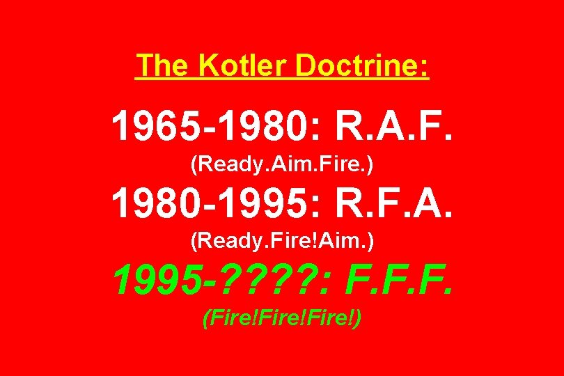 The Kotler Doctrine: 1965 -1980: R. A. F. (Ready. Aim. Fire. ) 1980 -1995: