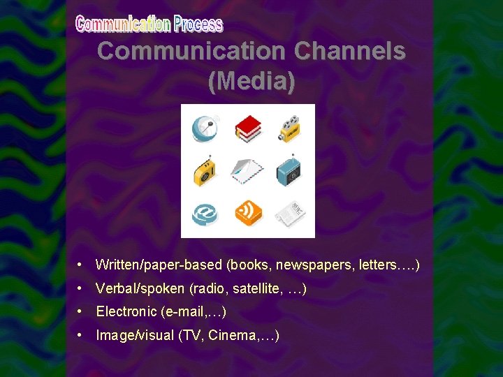 Communication Channels (Media) • Written/paper-based (books, newspapers, letters…. ) • Verbal/spoken (radio, satellite, …)