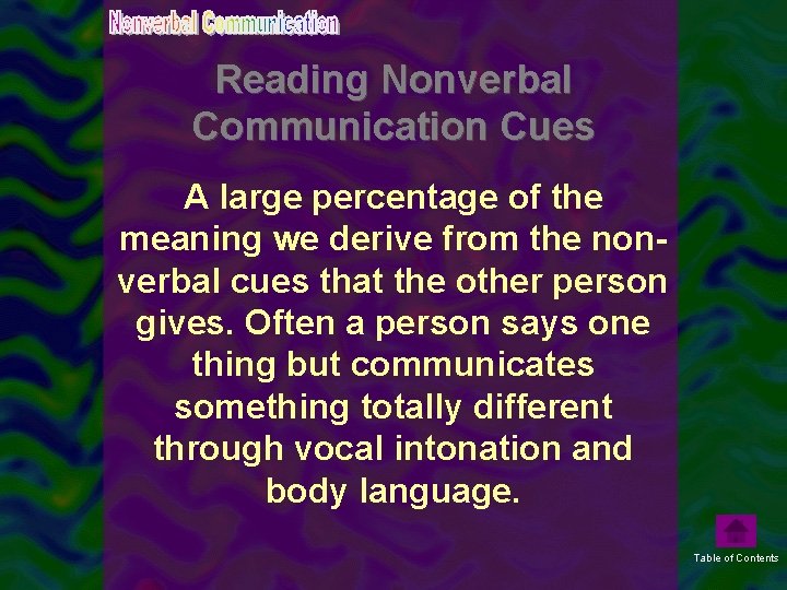 Reading Nonverbal Communication Cues A large percentage of the meaning we derive from the