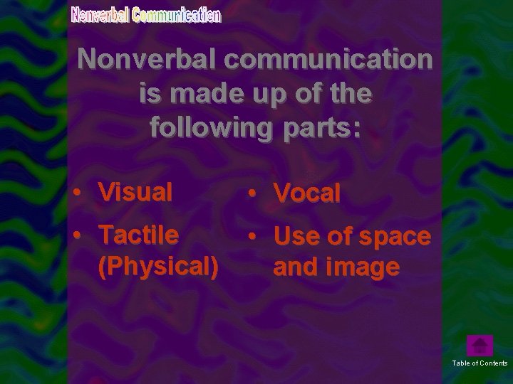 Nonverbal communication is made up of the following parts: • Visual • Vocal •