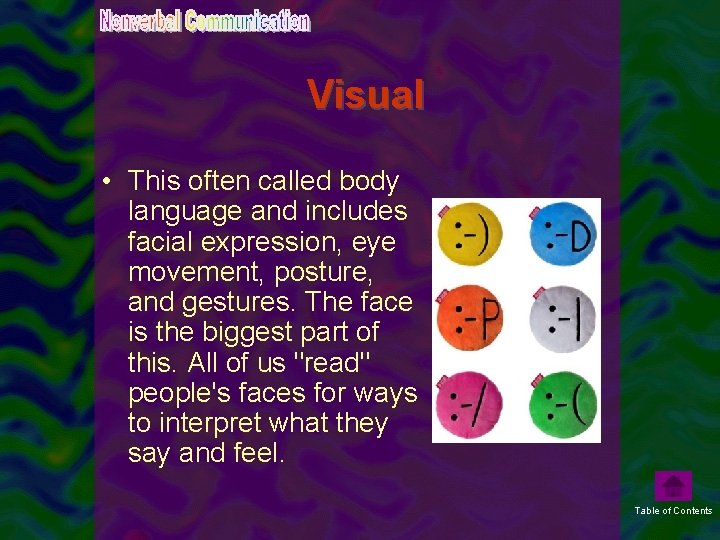 Visual • This often called body language and includes facial expression, eye movement, posture,