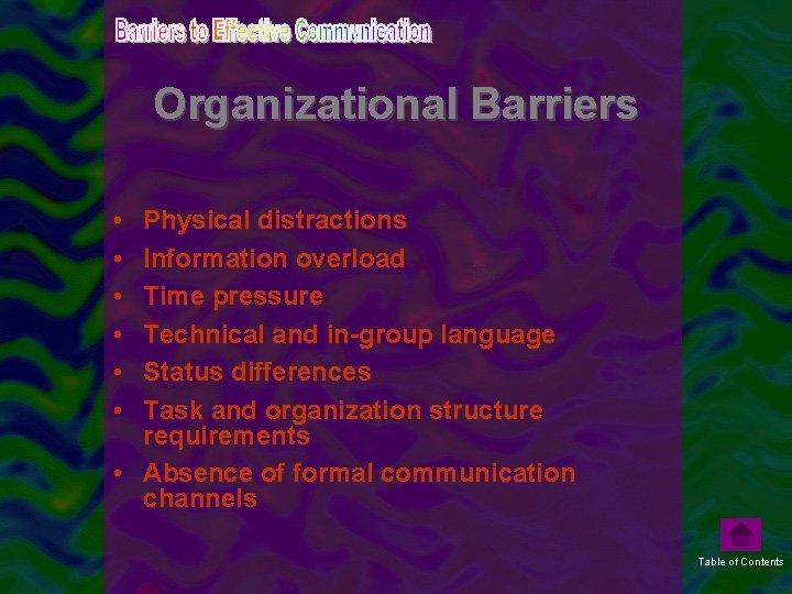 Organizational Barriers • • • Physical distractions Information overload Time pressure Technical and in-group