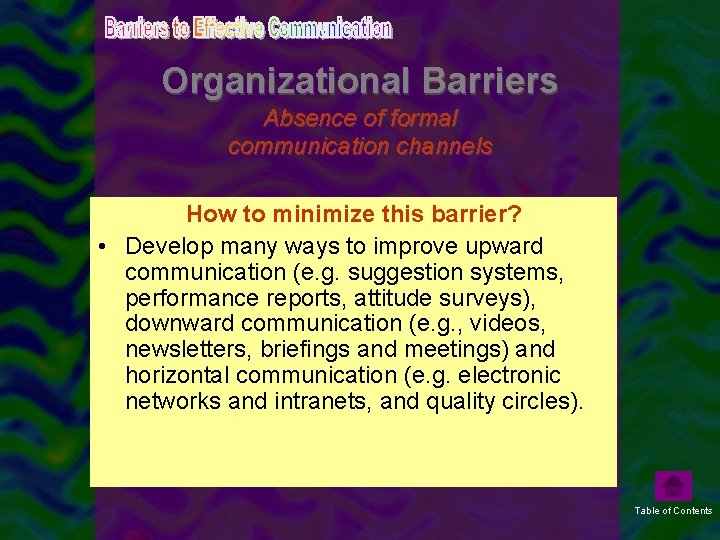 Organizational Barriers Absence of formal communication channels • When. How theretoisminimize an absence formal