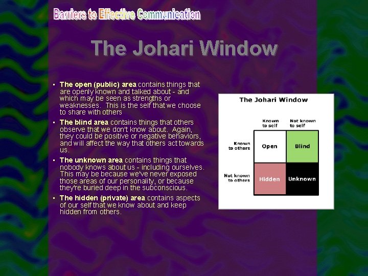 The Johari Window • The open (public) area contains things that are openly known