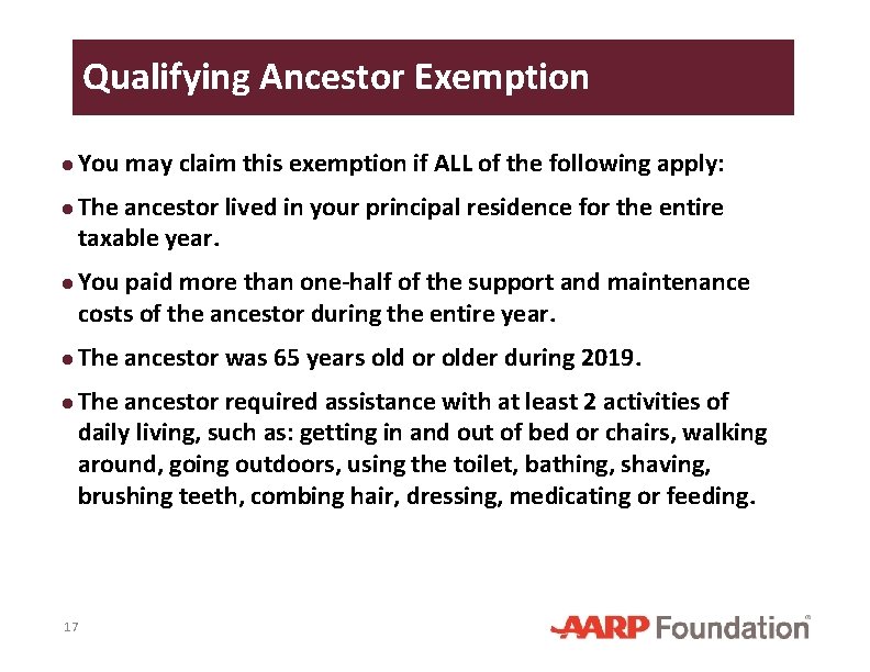Qualifying Ancestor Exemption ● You may claim this exemption if ALL of the following