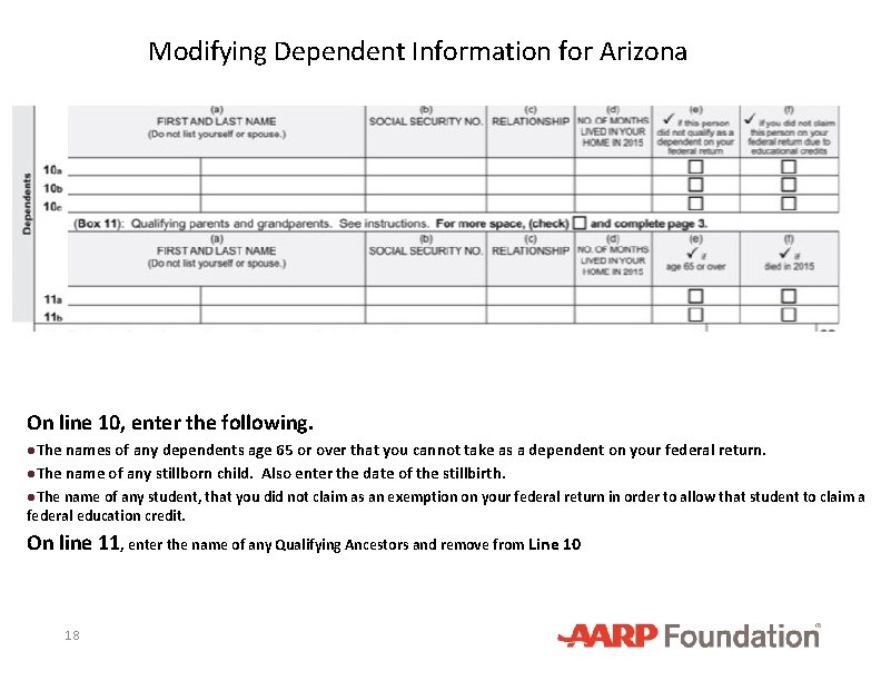 Modifying Dependent Information for Arizona On line 10, enter the following. ●The names of