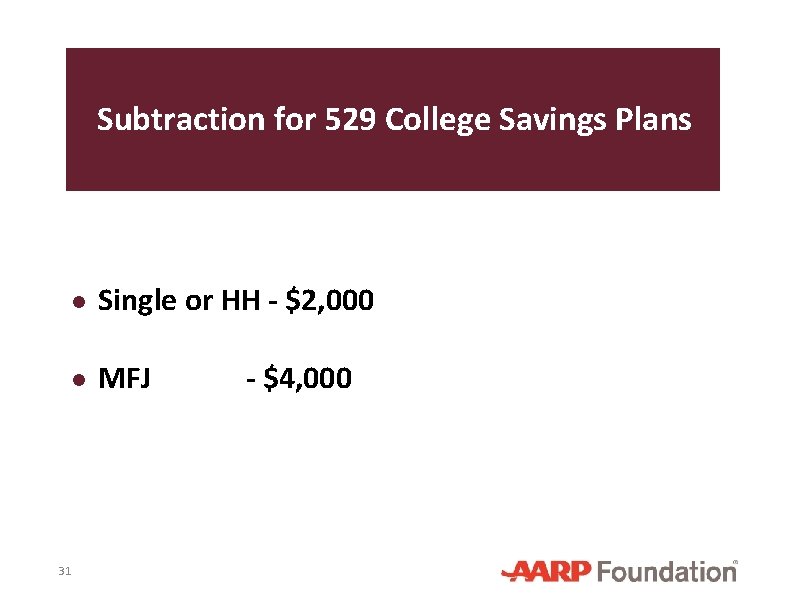 Subtraction for 529 College Savings Plans ● Single or HH - $2, 000 ●