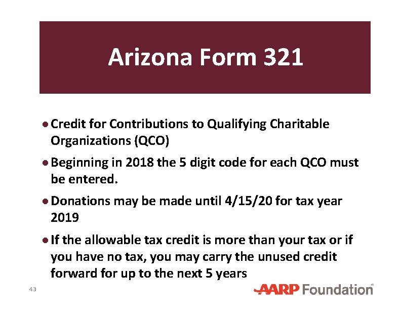 Arizona Form 321 ● Credit for Contributions to Qualifying Charitable Organizations (QCO) ● Beginning