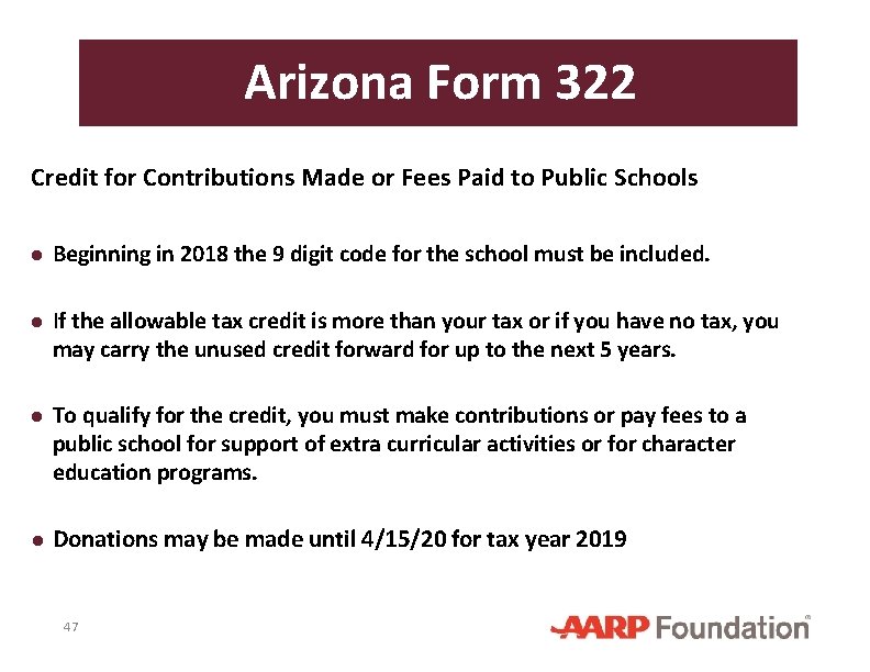 Arizona Form 322 Credit for Contributions Made or Fees Paid to Public Schools ●