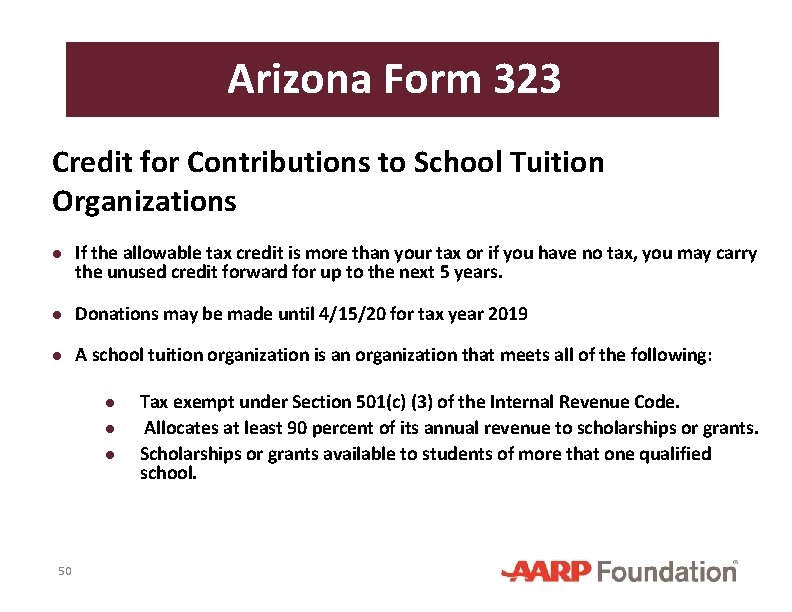 Arizona Form 323 Credit for Contributions to School Tuition Organizations ● If the allowable