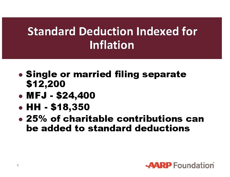 Standard Deduction Indexed for Inflation ● Single or married filing separate $12, 200 ●