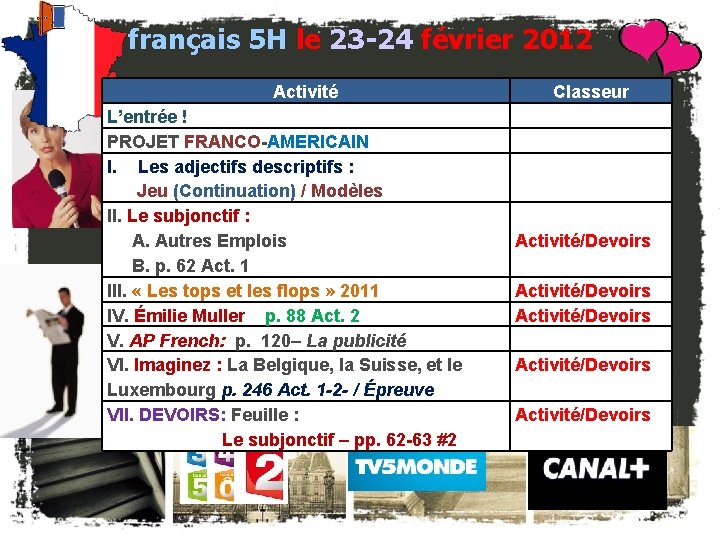 français 5 H le 23 -24 février 2012 Activité L’entrée ! PROJET FRANCO-AMERICAIN I.