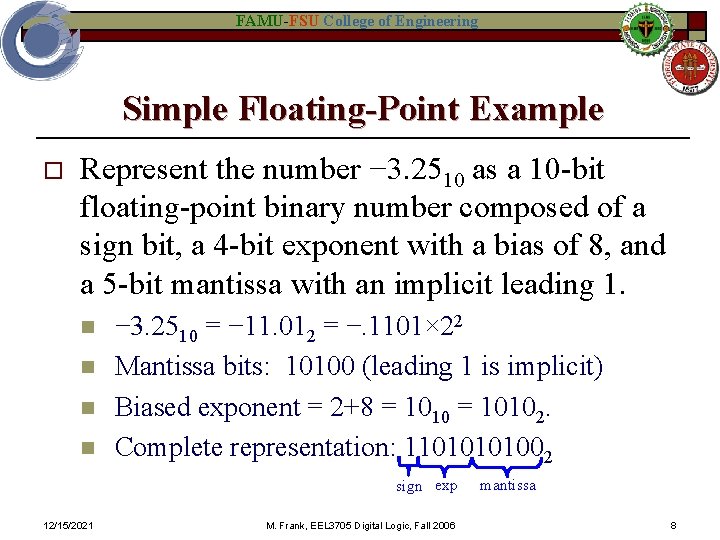 FAMU-FSU College of Engineering Simple Floating-Point Example o Represent the number − 3. 2510