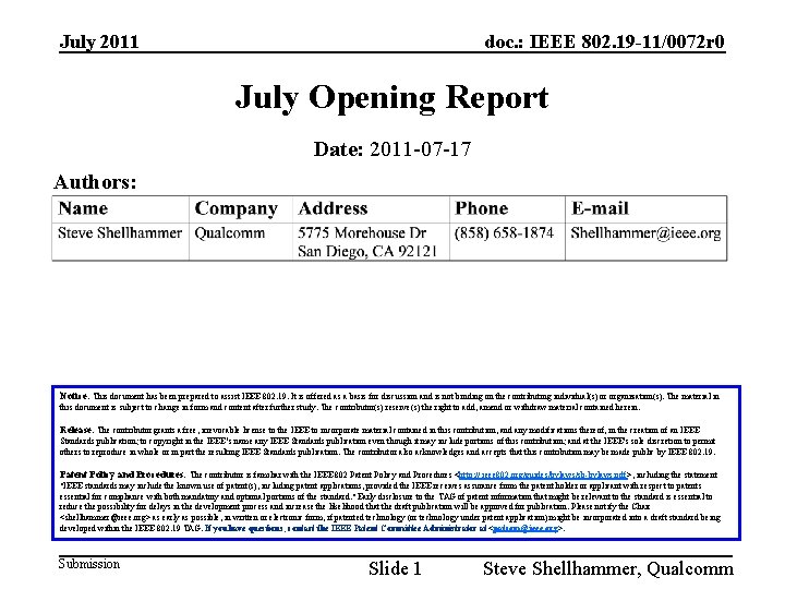 July 2011 doc. : IEEE 802. 19 -11/0072 r 0 July Opening Report Date: