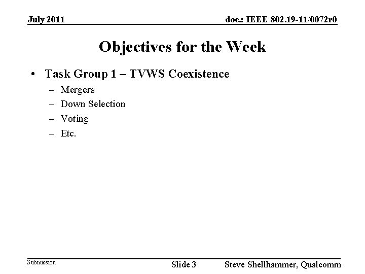 July 2011 doc. : IEEE 802. 19 -11/0072 r 0 Objectives for the Week