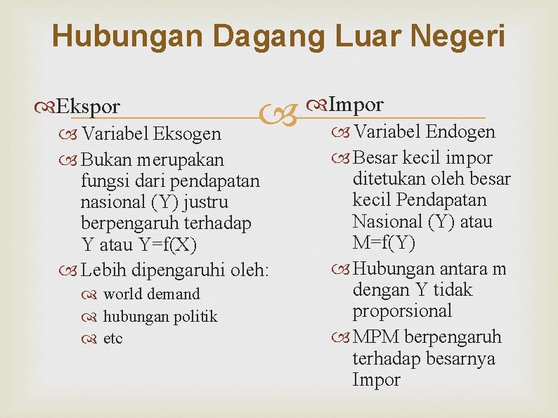 Hubungan Dagang Luar Negeri Ekspor Variabel Eksogen Bukan merupakan fungsi dari pendapatan nasional (Y)