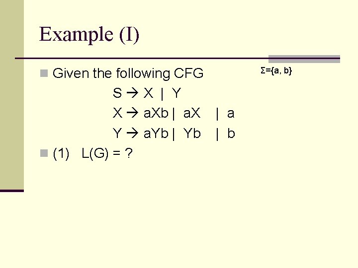 Example (I) n Given the following CFG S X | Y X a. Xb