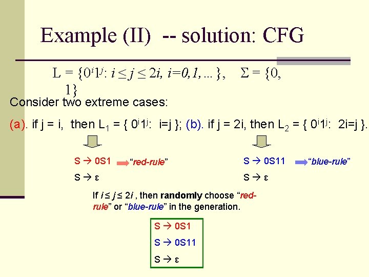 Example (II) -- solution: CFG L = {0 i 1 j: i ≤ j