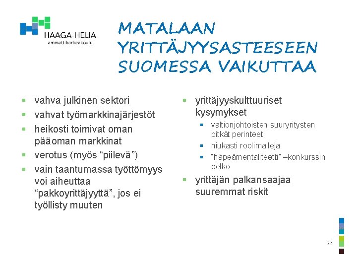 MATALAAN YRITTÄJYYSASTEESEEN SUOMESSA VAIKUTTAA § vahva julkinen sektori § vahvat työmarkkinajärjestöt § heikosti toimivat