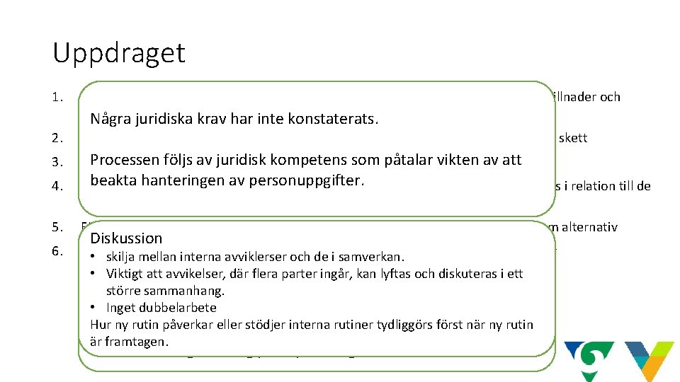 Uppdraget 1. 2. 3. Sammanställa nuvarande rutiner för avvikelsehantering i samverkan, identifiera skillnader och