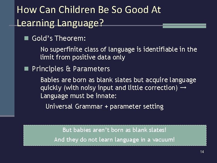 How Can Children Be So Good At Learning Language? n Gold’s Theorem: No superfinite
