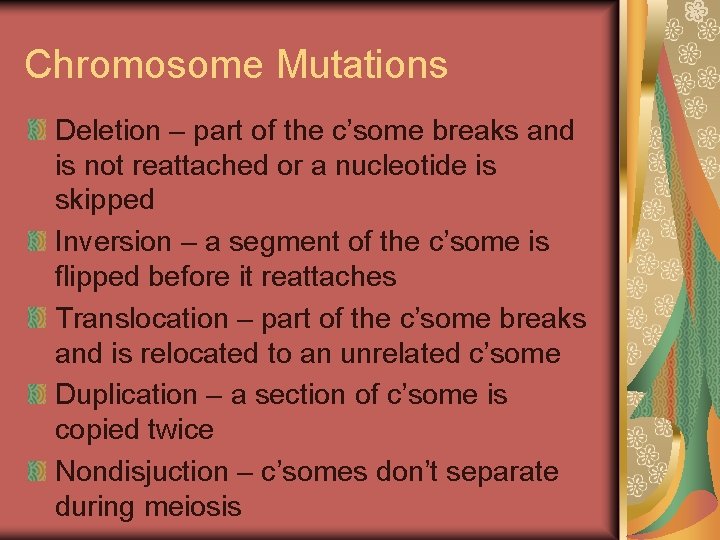 Chromosome Mutations Deletion – part of the c’some breaks and is not reattached or
