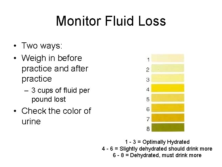 Monitor Fluid Loss • Two ways: • Weigh in before practice and after practice