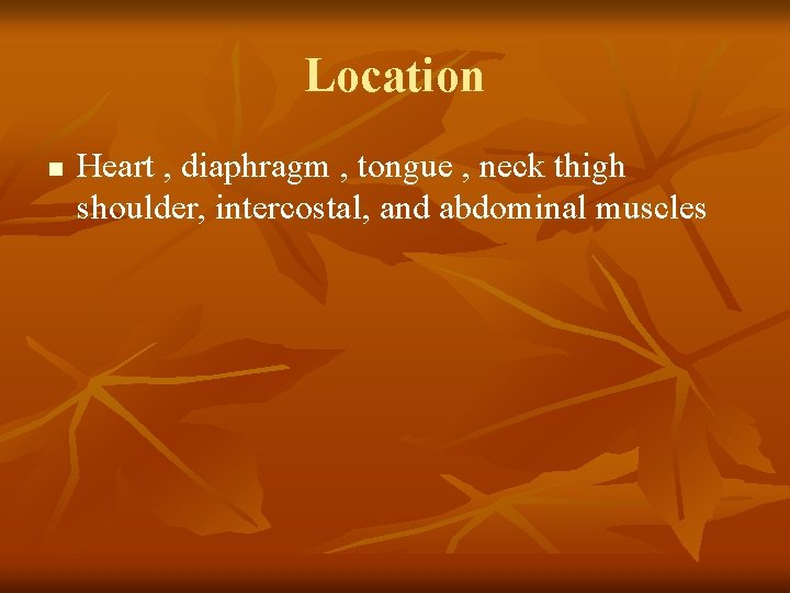 Location n Heart , diaphragm , tongue , neck thigh shoulder, intercostal, and abdominal
