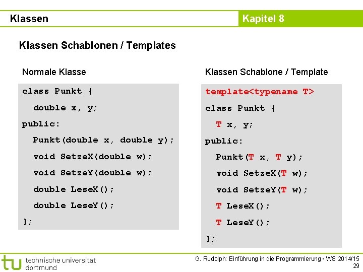 Klassen Kapitel 8 Klassen Schablonen / Templates Normale Klassen Schablone / Template class Punkt