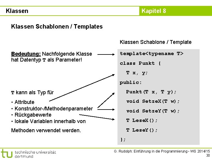 Klassen Kapitel 8 Klassen Schablonen / Templates Klassen Schablone / Template Bedeutung: Nachfolgende Klasse