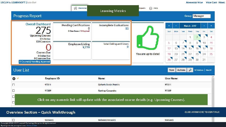Learning Metrics Click on any numeric link will update with the associated course details