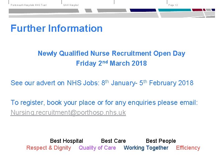 Portsmouth Hospitals NHS Trust QAH Hospital Page 12 Further Information Newly Qualified Nurse Recruitment