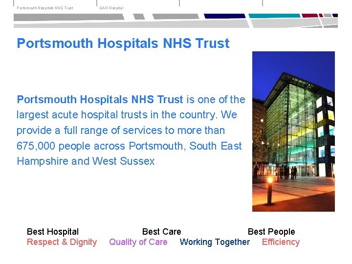 Portsmouth Hospitals NHS Trust QAH Hospital Portsmouth Hospitals NHS Trust is one of the
