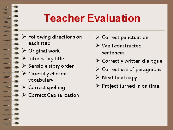 Teacher Evaluation Ø Following directions on each step Ø Original work Ø Interesting title