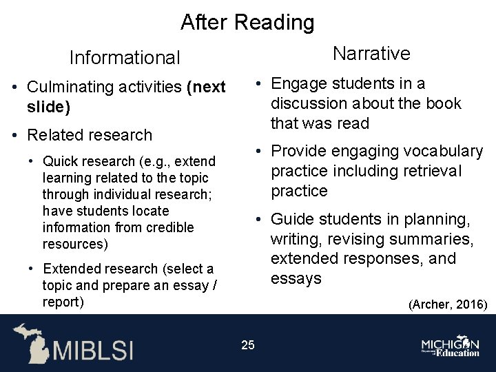 After Reading Narrative Informational • Engage students in a discussion about the book that
