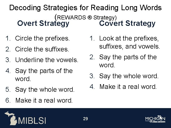 Decoding Strategies for Reading Long Words (REWARDS ® Strategy) Overt Strategy Covert Strategy 1.