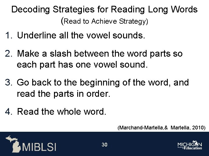 Decoding Strategies for Reading Long Words (Read to Achieve Strategy) 1. Underline all the