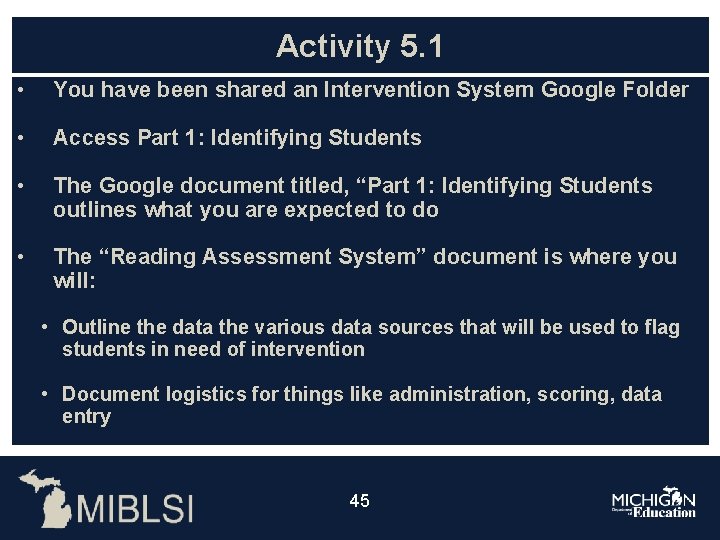 Activity 5. 1 • You have been shared an Intervention System Google Folder •
