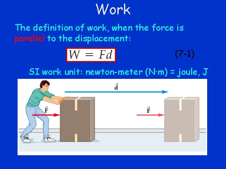 Work The definition of work, when the force is parallel to the displacement: (7