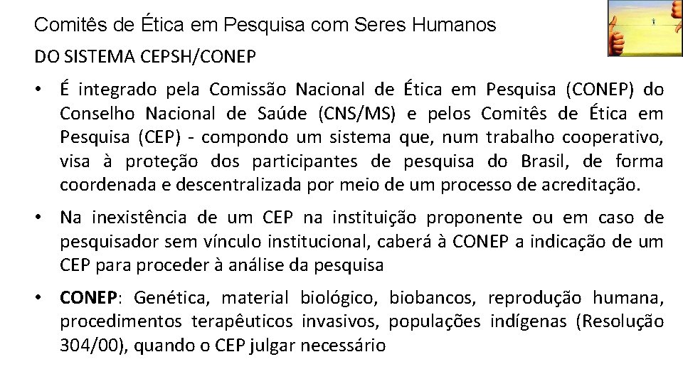 Comitês de Ética em Pesquisa com Seres Humanos DO SISTEMA CEPSH/CONEP • É integrado