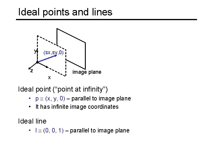 Ideal points and lines y (sx, sy, 0) z x image plane Ideal point