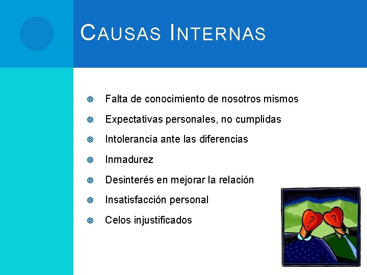 C AUSAS I NTERNAS Falta de conocimiento de nosotros mismos Expectativas personales, no cumplidas