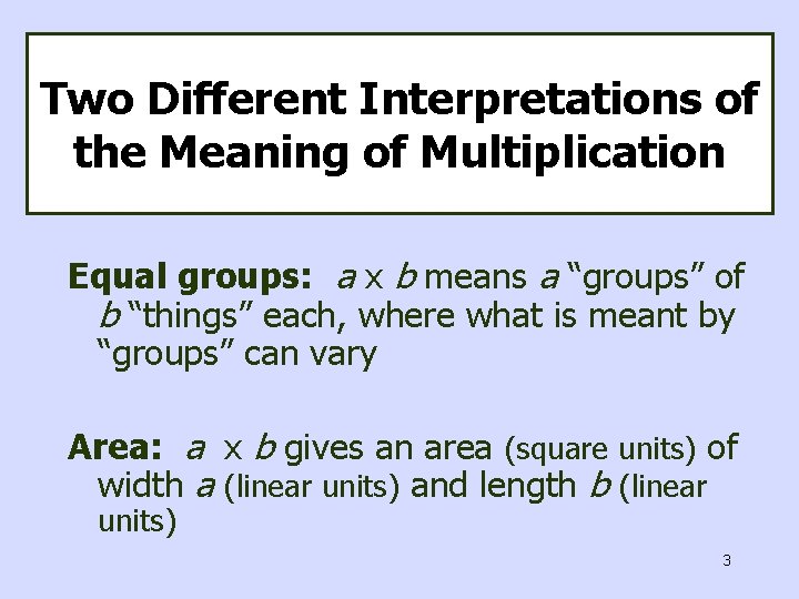 Two Different Interpretations of the Meaning of Multiplication Equal groups: a x b means