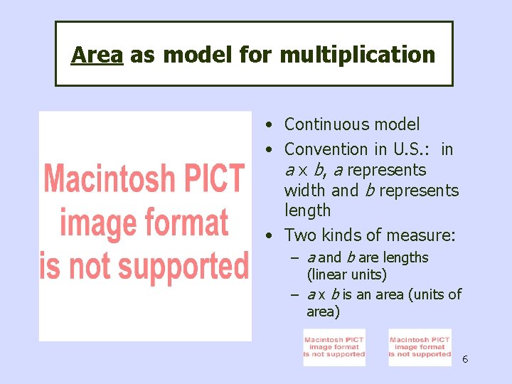 Area as model for multiplication • Continuous model • Convention in U. S. :