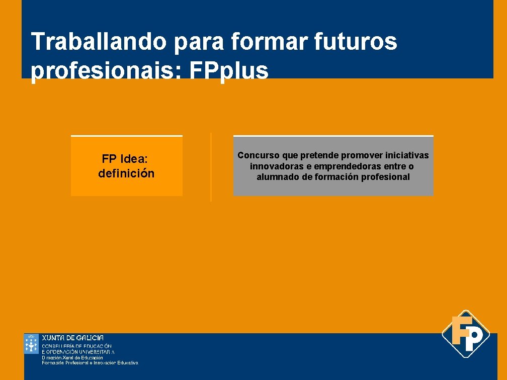 Traballando para formar futuros profesionais: FPplus FP Idea: definición Concurso que pretende promover iniciativas