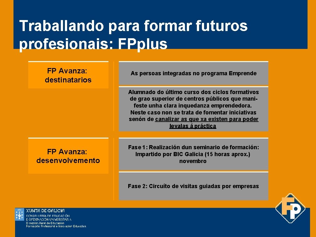 Traballando para formar futuros profesionais: FPplus FP Avanza: destinatarios As persoas integradas no programa